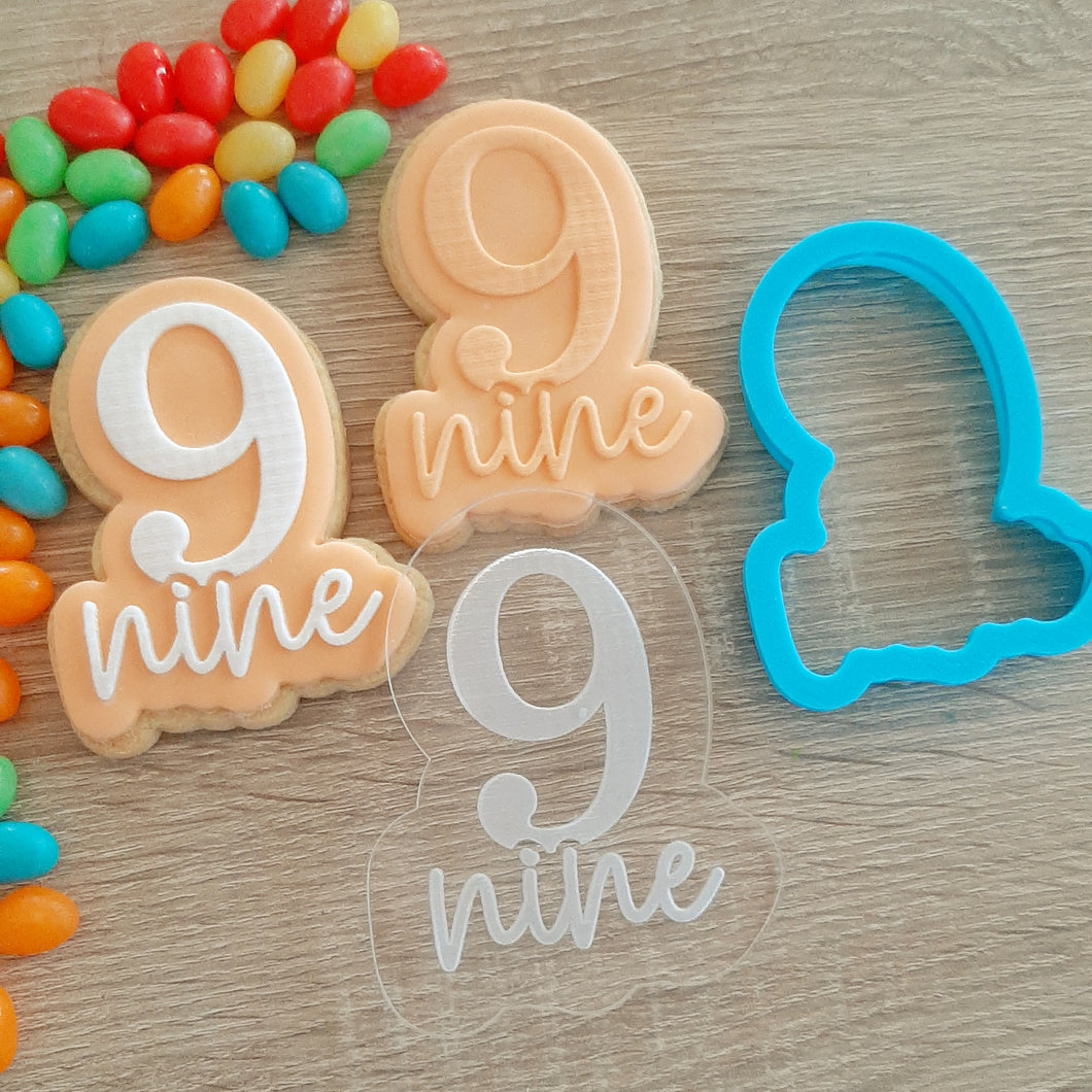 Number 9 Nine Raised Acrylic Fondant Stamp & Cookie Cutter