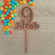 Load image into Gallery viewer, Name &amp; Number Engraved Wooden Cake Topper