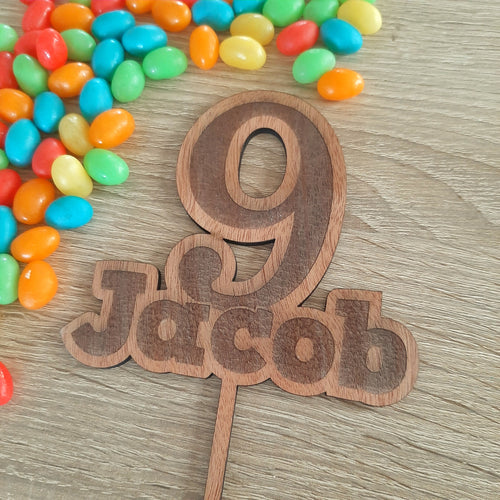 Name & Number Engraved Wooden Cake Topper