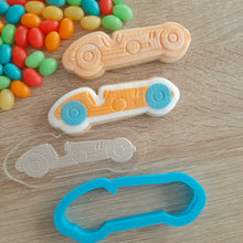 Load image into Gallery viewer, Vintage Race Car Raised Acrylic Fondant Stamp &amp; Cookie Cutter